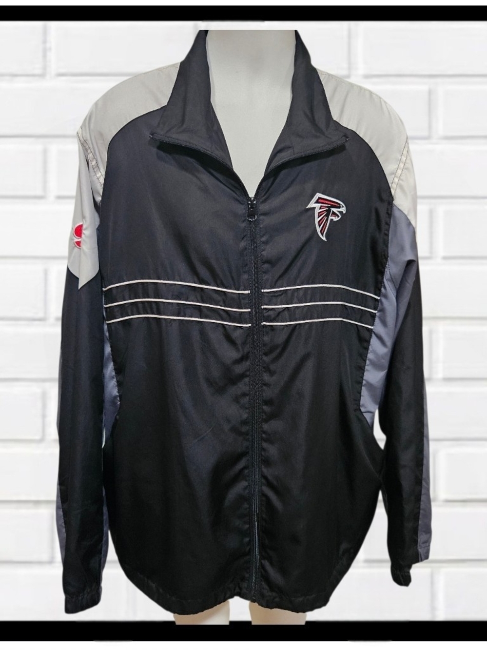 VINTAGE Reebok NFL Atlanta Falcons Windbreaker Jacket Men's Sz L Black Grey Y2K